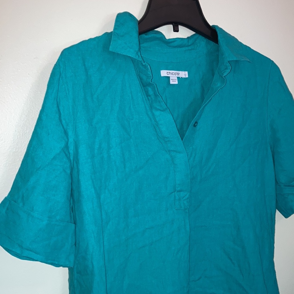 Chico's Turquoise Teal 100% Linen Button Up Beach Popover Dress Shift Cover Up - Picture 3 of 8